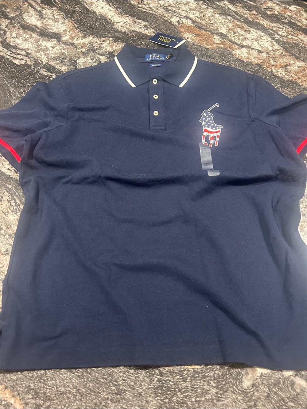 Polo by Ralph Lauren Navy Blue Short-Sleeve Polo with USA Flag Pony